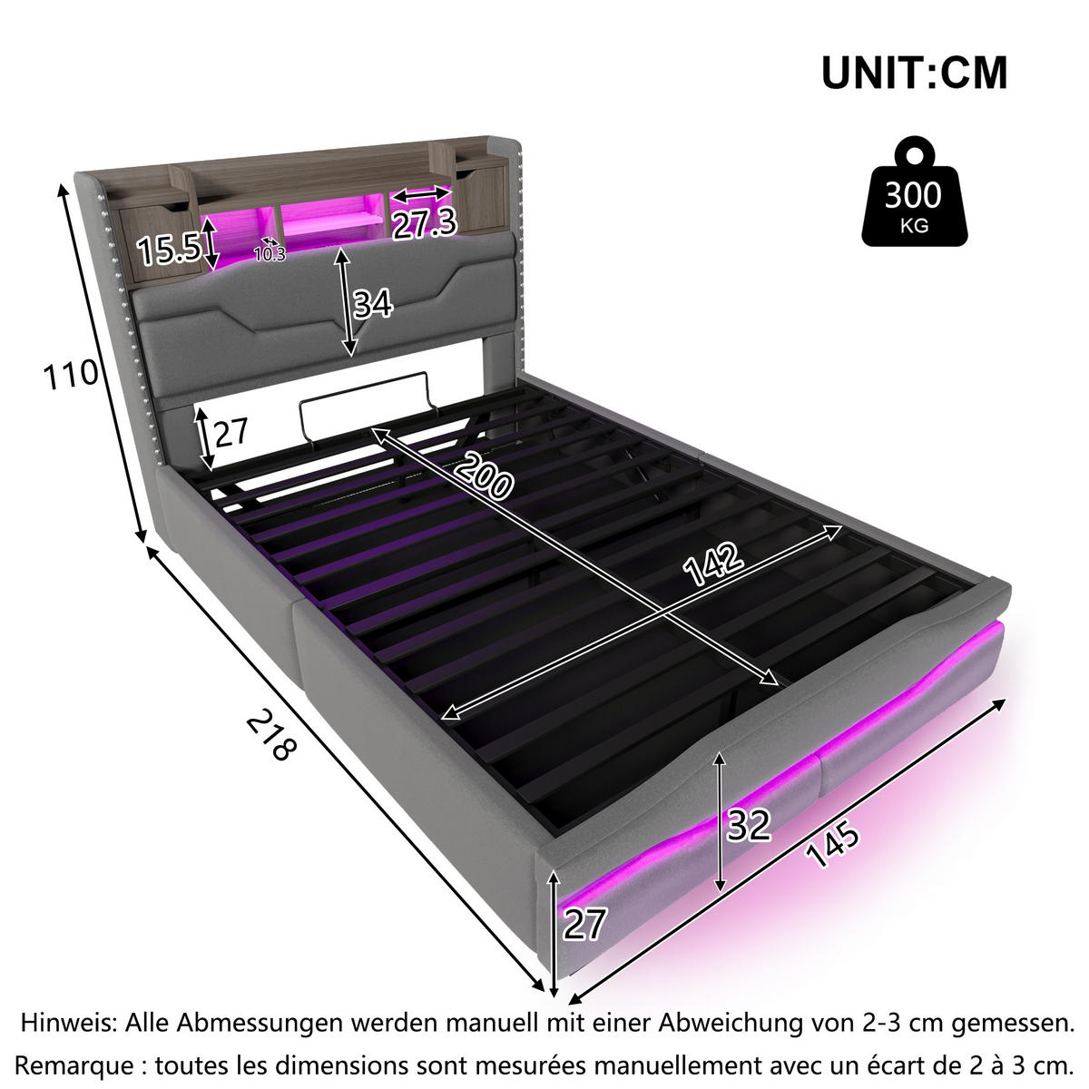 POLSTERBETT 140x200cm Grau USB-C LED-Licht Kopfteil Hydraulik - Grau, Holz (140/200cm) - FLIEKS