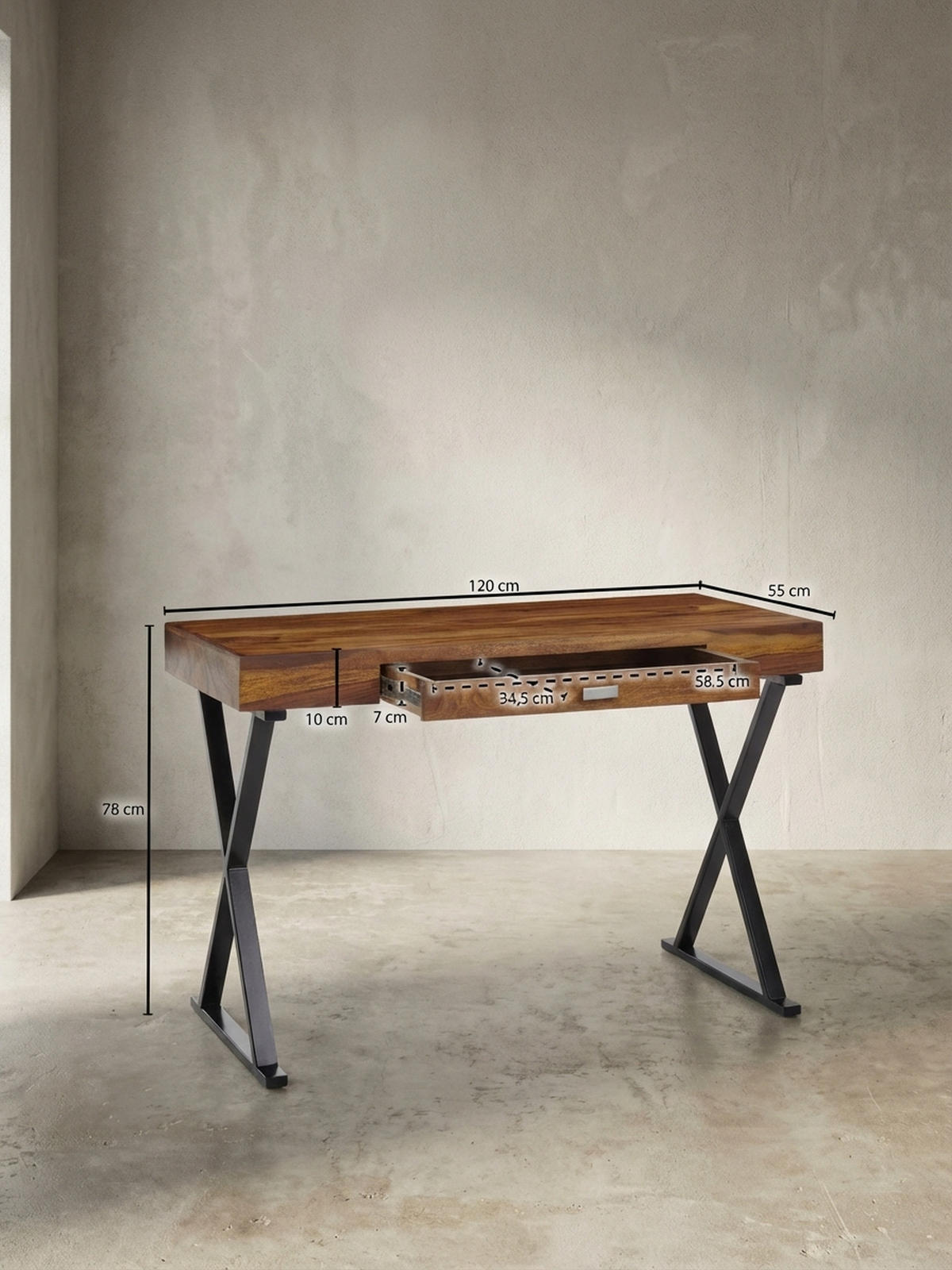 SCHREIBTISCH Massivholz X-Gestell Schublade, Schwarz 120x55x78 cm - Schwarz, Holz/Metall (55/120/78cm) - KADIMA DESIGN