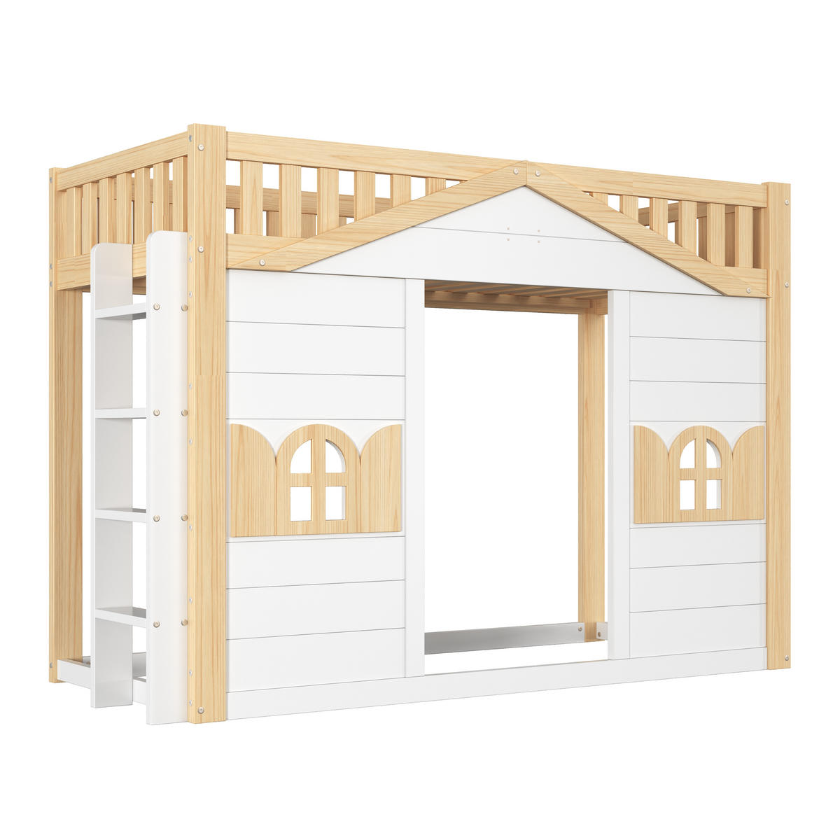 ETAGENBETT Hausbett 90x200cm Holz Kinderbett Weiß Natur - Weiß, Holz - FLIEKS