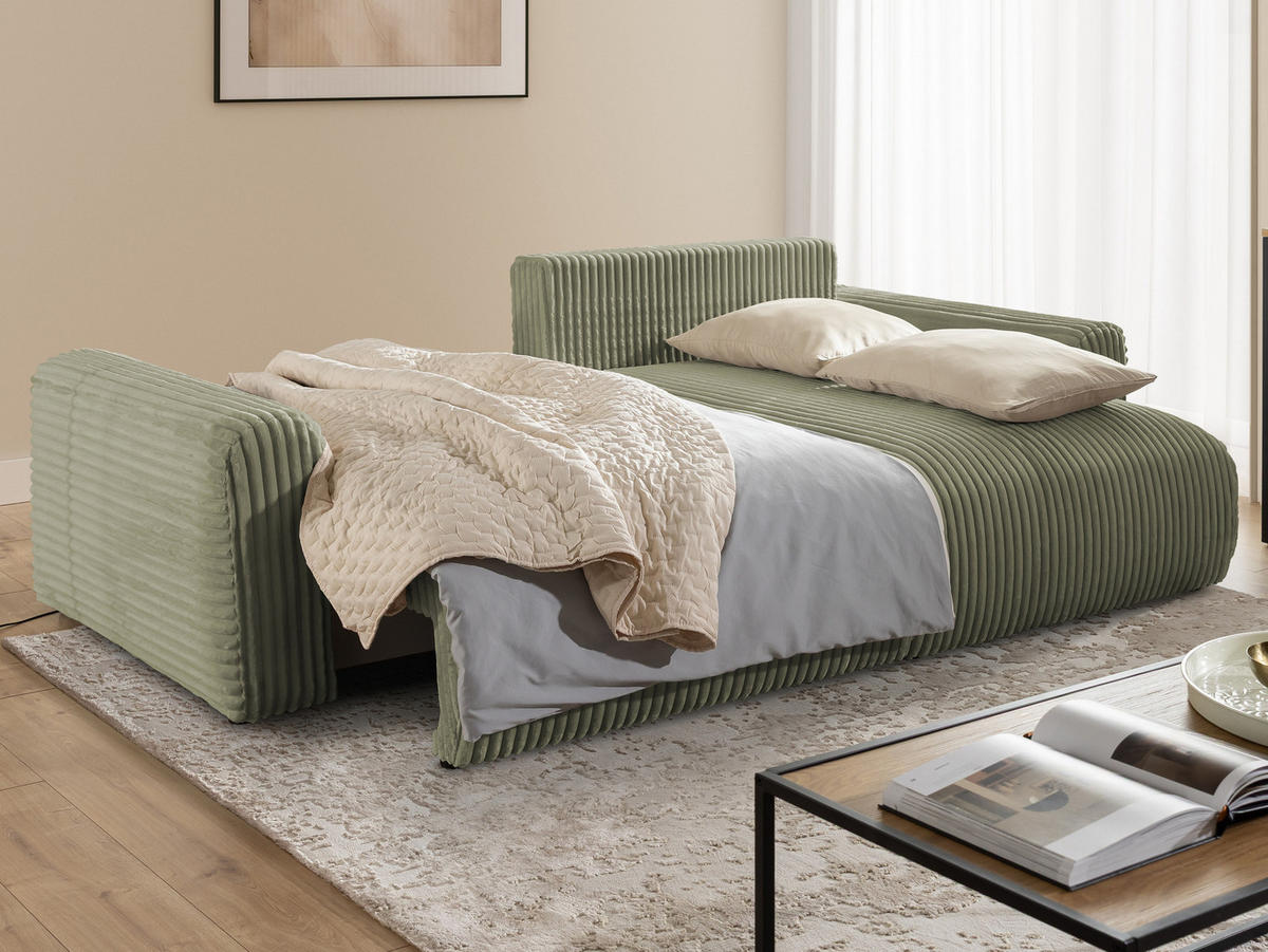 ECKSOFA Calma mit Schlaffunktion und Bettkasten im Bumpy-Design aus weichem Olive Plüschcord - Ottomane rechts - Schwarz/Grün, Holz/Kunststoff (140/239cm) - S-Style