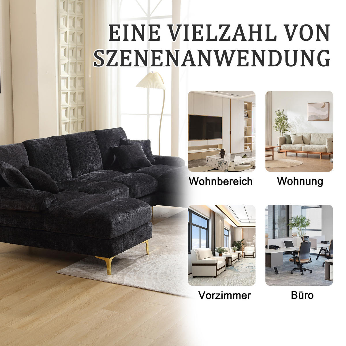 U-FORM Wohnlandschaft Chenille mit 2 Liegeflächen 272/136/88 cm Schwarz - Schwarz, Textil/Metall (136/88/272cm) - Redom