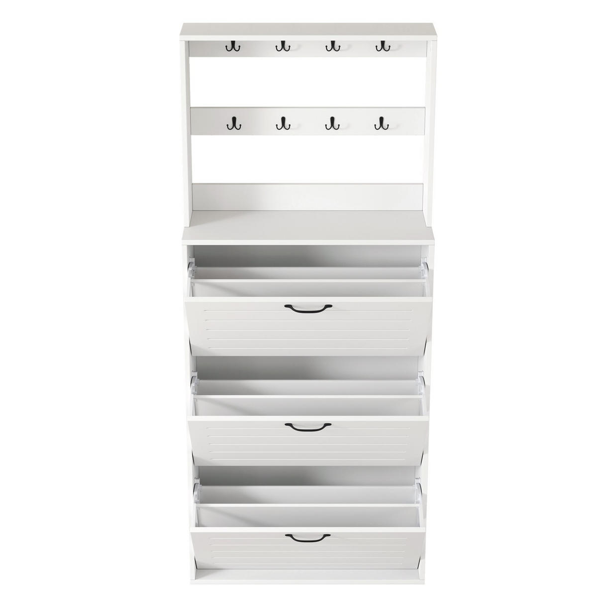 SCHUHSCHRANK 70/25/165 cm aus Spanplatte mit 8 Haken und 3 Schuhregalen für 10-15 Paar Schuhe, Weiß und Schwarz - Weiß, Holzwerkstoff (70/163/25cm) - Redom