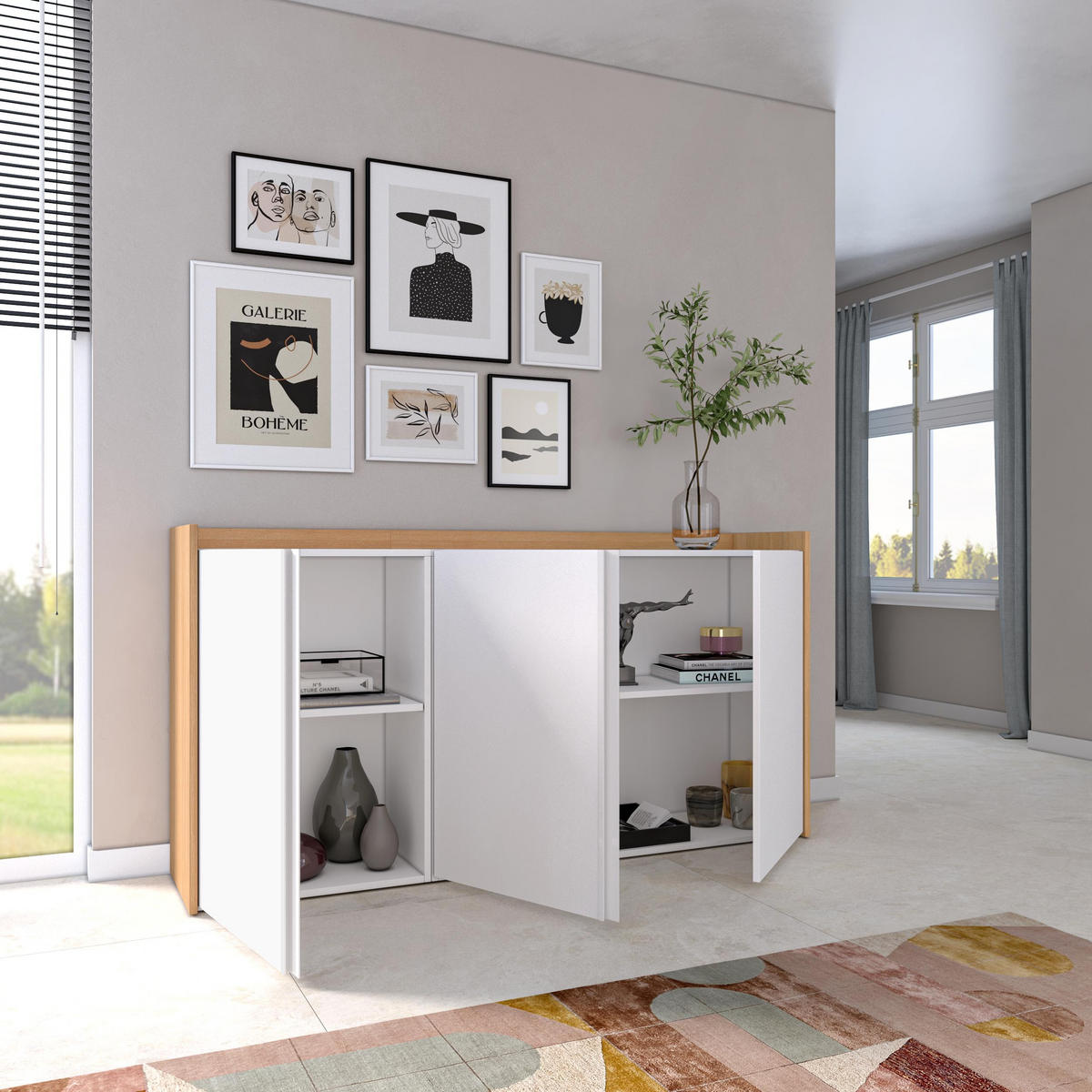 SIDEBOARD, Weiß und Eiche, 156/35/80cm - Weiß, Holzwerkstoff (156/80/35cm) - Skraut Home