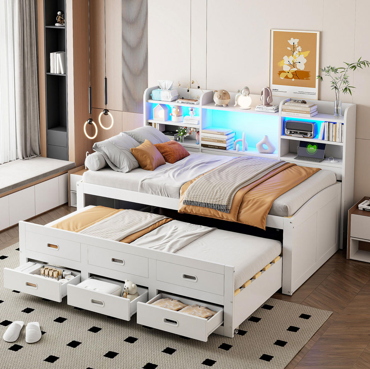POLSTERBETT 90/200 cm in Weiß mit LED-Beleuchtung und USB- und Type-C-Anschlüssen - Weiß, Holzwerkstoff (90/200cm) - Flora Grace