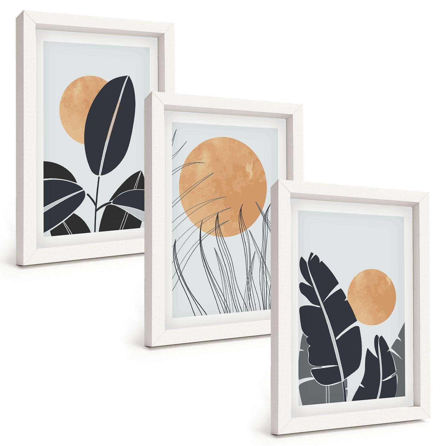 BILDER SET 3er Set - 20x30 cm Weißer Rahmen - Pflanzenmuster große Sonnen minimalistisch - Weiß, Kunststoff (20/30cm) - TULUP