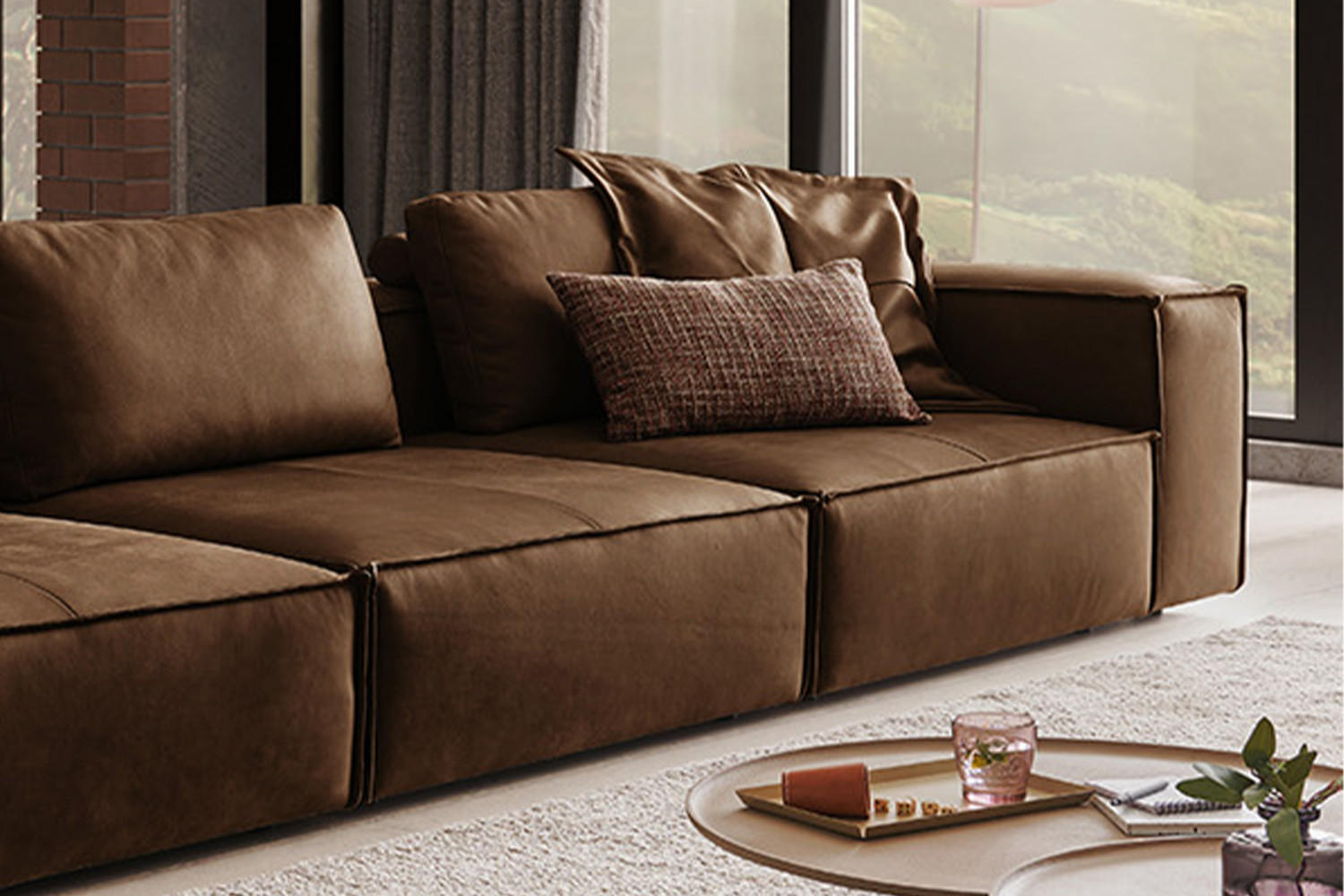 SOFA CARMO Braun Leder - Dunkelbraun/Schwarz, Leder/Kunststoff (366/68/118cm) - KAWOLA