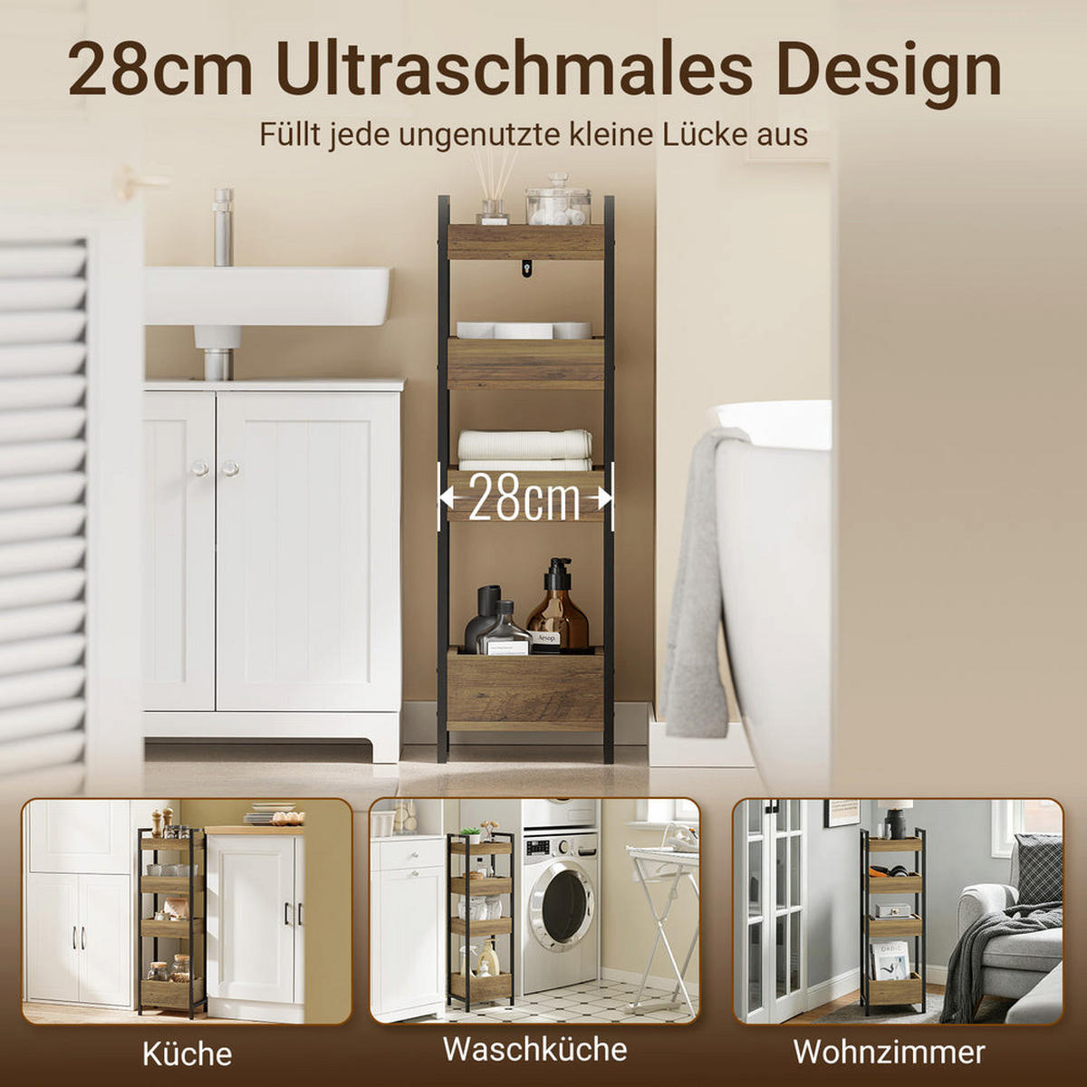 BADEZIMMERSCHRANK mit 4 Regalen, Schmal Industrial Design - Braun, Holzwerkstoff/Metall (90/20/28cm) - SoBuy