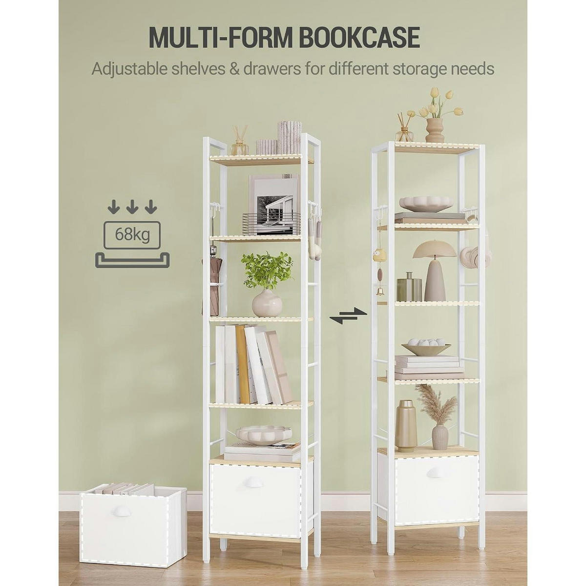 BÜCHERREGAL mit Schublade und Haken 24 x 40 x 173 cm Weißeiche - Weiß, Holzwerkstoff (40/173/24cm)