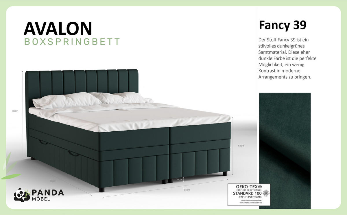 BOXBETT AVALON 160 x 200 cm mit Bettkasten und Topper - Dunkelgrün - Dunkelgrün, Holz - Panda Möbel