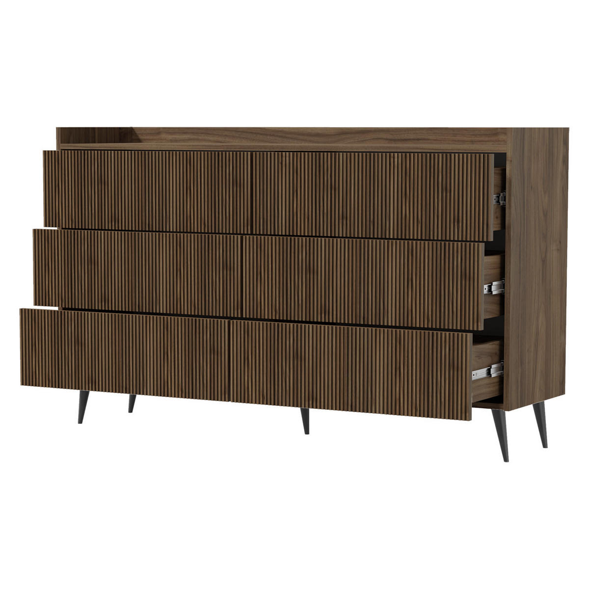 KOMODA Amfali se 6 zásuvkami, drážkovaná čela, systém Push-to-open, kovové nohy, 150 cm, jarní dub - černá/barva dubu, kov/kompozitní dřevo (150/92/41cm) - Beautysofa