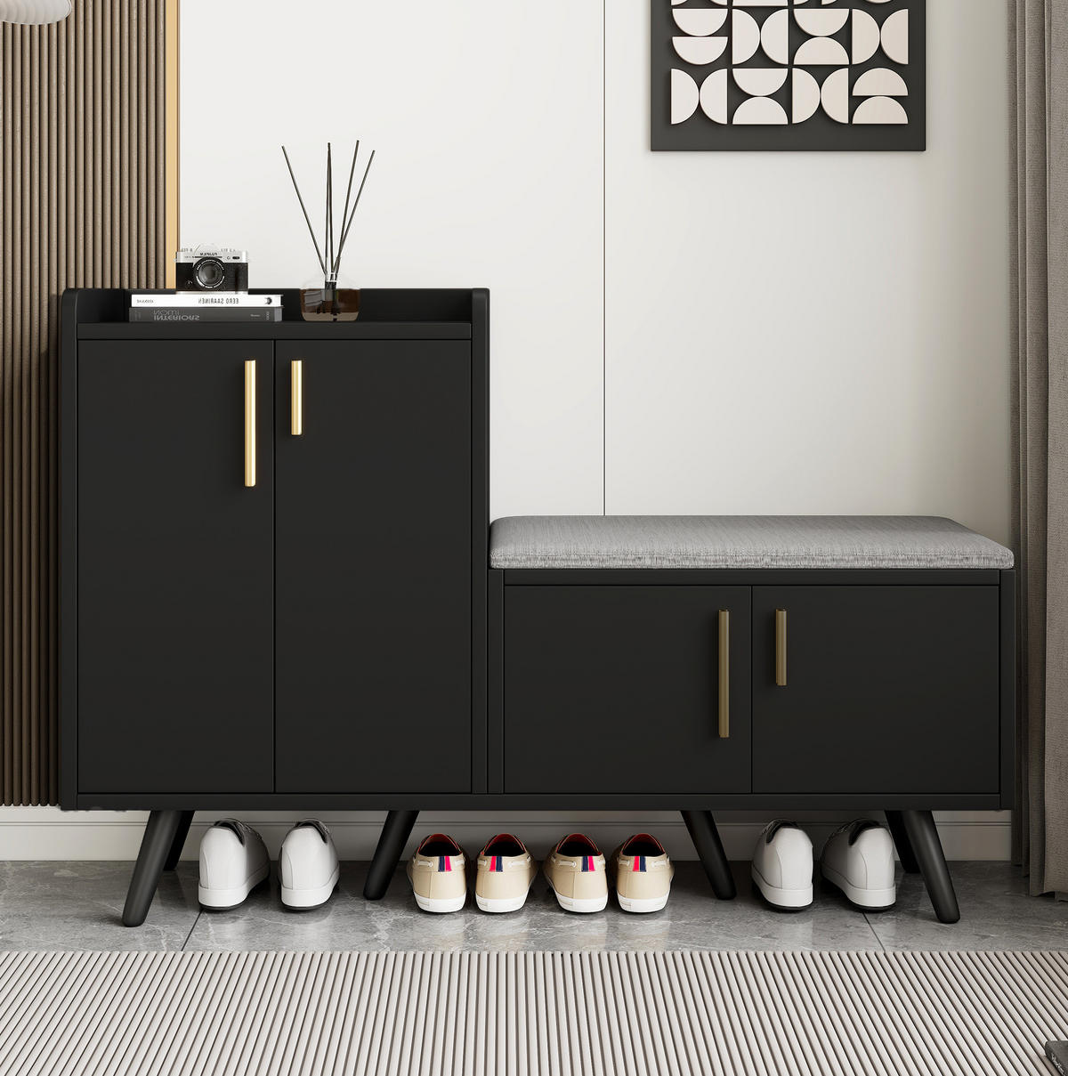 SCHUHSCHRANK 120/34/82 cm in Schwarz/Dunkelwalnuss mit gepolsterter Sitzfläche - Schwarz, Holzwerkstoff (120/82/34cm) - Flora Grace
