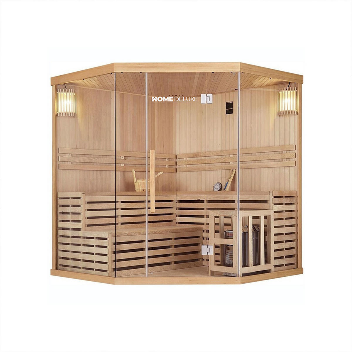 SAUNA SKYLINE BIG XL - Ausstattung: Mit Holzwand, Größe: 200 x 200 x 210 cm - Naturfarben, Holz (200/210/200cm) - Home Deluxe