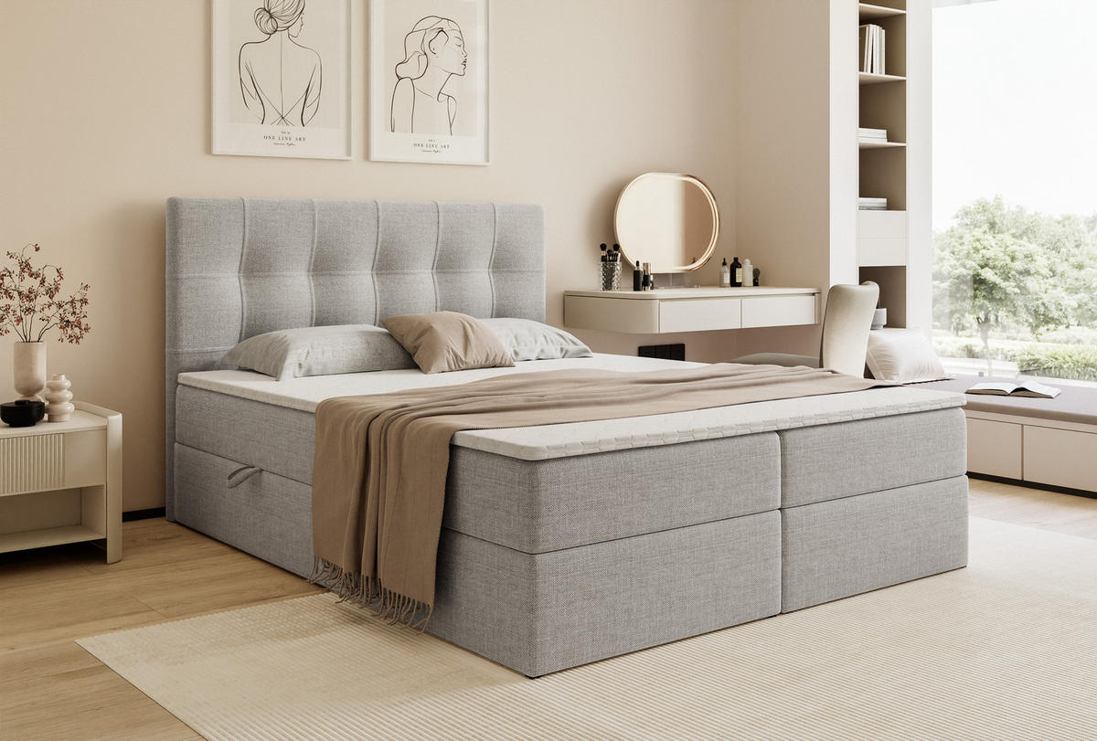 BOXBETT VENUS 200/200 cm, mit Matratze und Topper, Grau - Grau, Holzwerkstoff/Textil (200/200cm) - Idohome