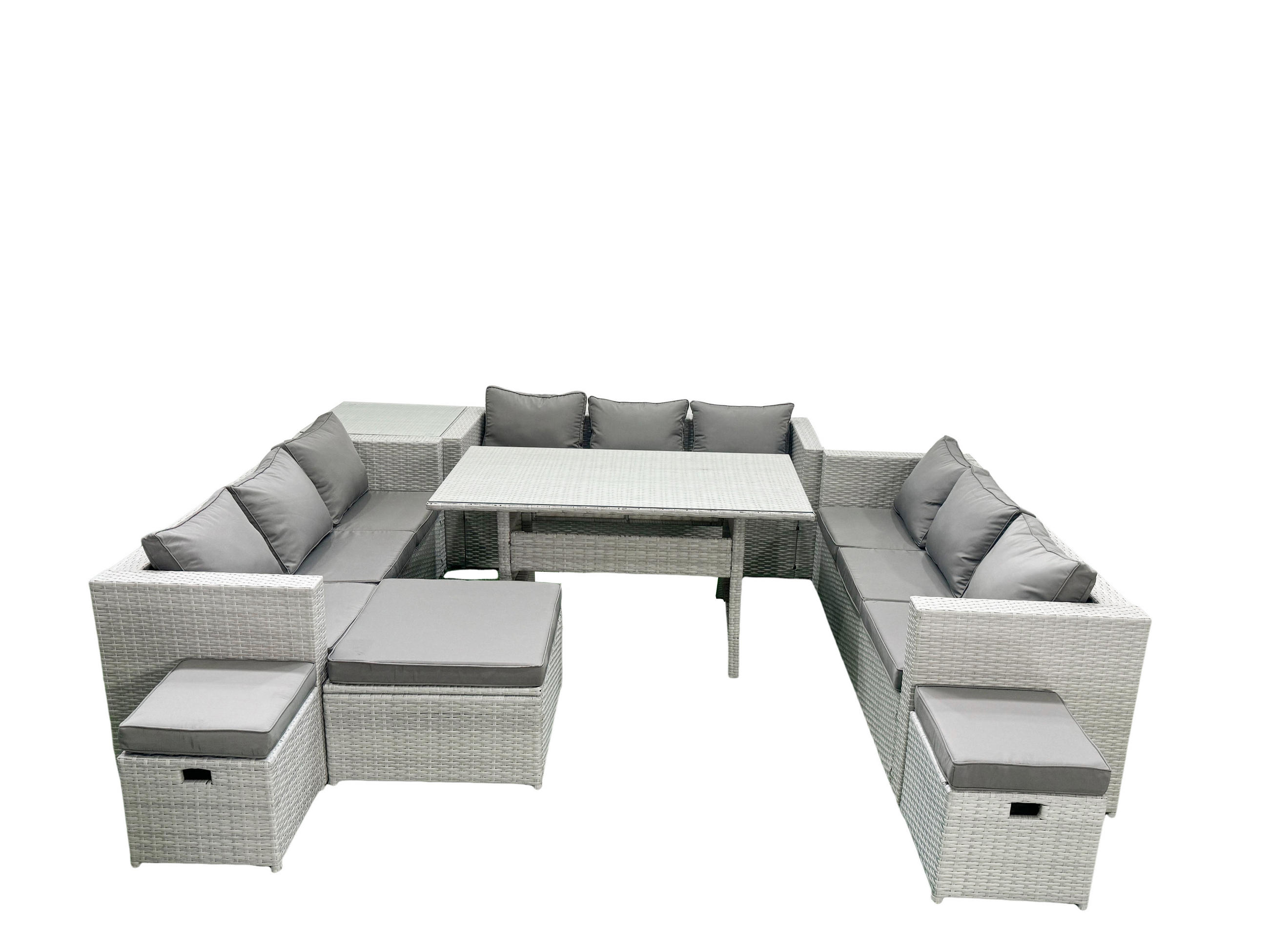 GARTENSET mit Esstisch,Sofa ,Beistelltisch,3 Fußhocker Polyrattan Hellgrau 12-Sitzer - Hellgrau/Grau, Glas/Kunststoff - Fimous
