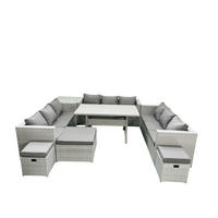GARTENSET mit Esstisch,Sofa ,Beistelltisch,3 Fußhocker Polyrattan Hellgrau 12-Sitzer - Hellgrau/Grau, Glas/Kunststoff - Fimous