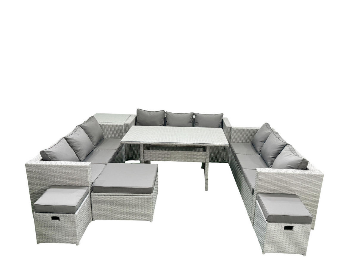GARTENSET mit Esstisch,Sofa ,Beistelltisch,3 Fußhocker Polyrattan Hellgrau 12-Sitzer - Hellgrau/Grau, Glas/Kunststoff - Fimous
