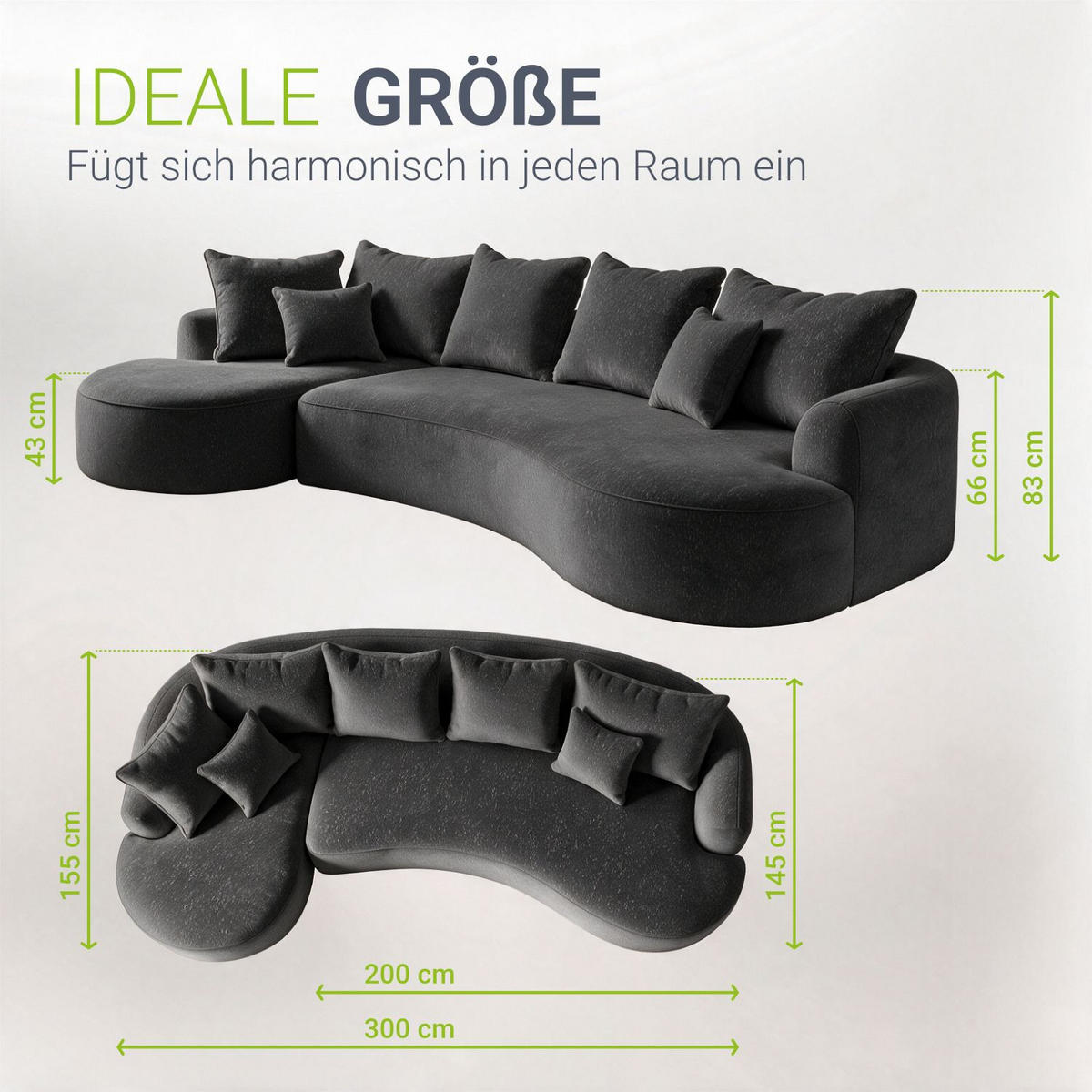 SOFA Tirano Samt Dunkelgrau mit Ottomane links - Dunkelgrau, Textil (102/300cm) - Juskys