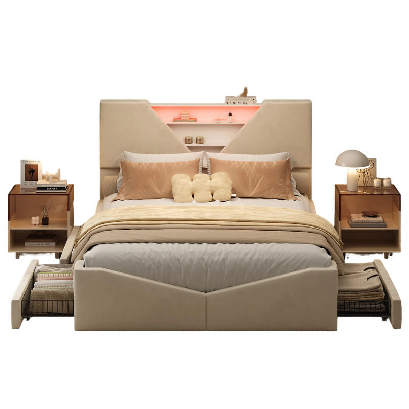 POLSTERBETT 140/200 cm Ecru mit Schubladen und LED-Beleuchtung - Ecru, Holz (140/200cm) - SHOPENTRA