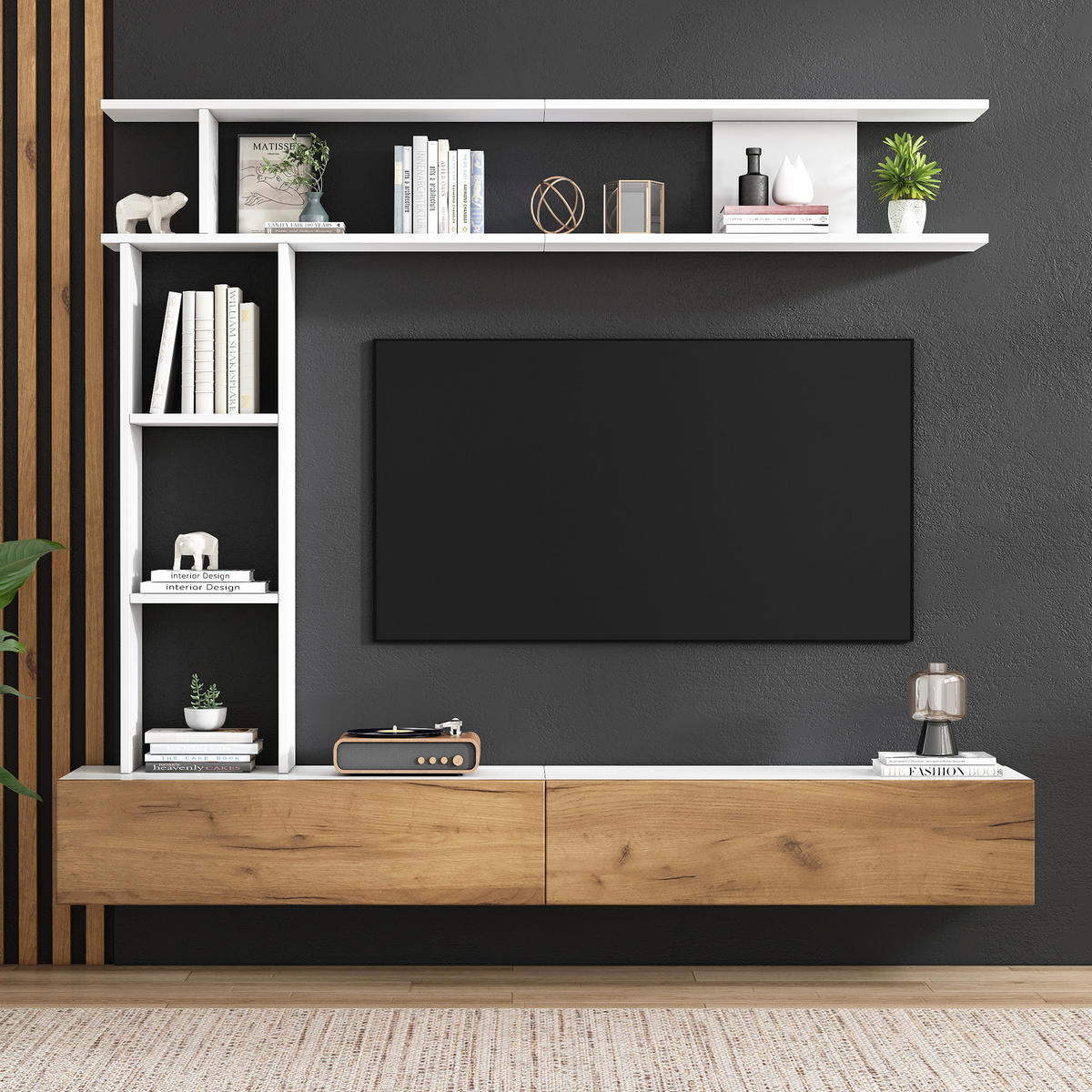 WOHNWAND Vitrine TV-Board Wandregal Weiß Holz 180cm - Multicolor, Holzwerkstoff (180/150/35cm) - FLIEKS
