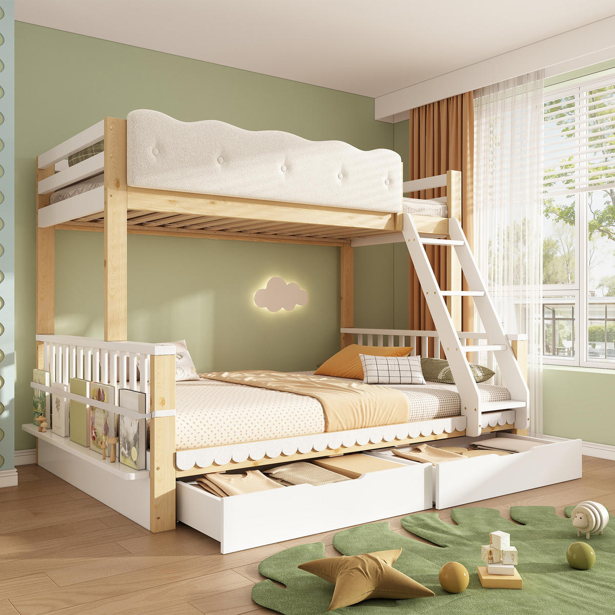 ETAGENBETT 90/200 cm & 140/200 cm in Weiß & Eiche mit Schubladen, Zeitschriftenständer und Leiter aus Holz im Gartenstil - Eichefarben/Weiß, Holzwerkstoff - STILVORA