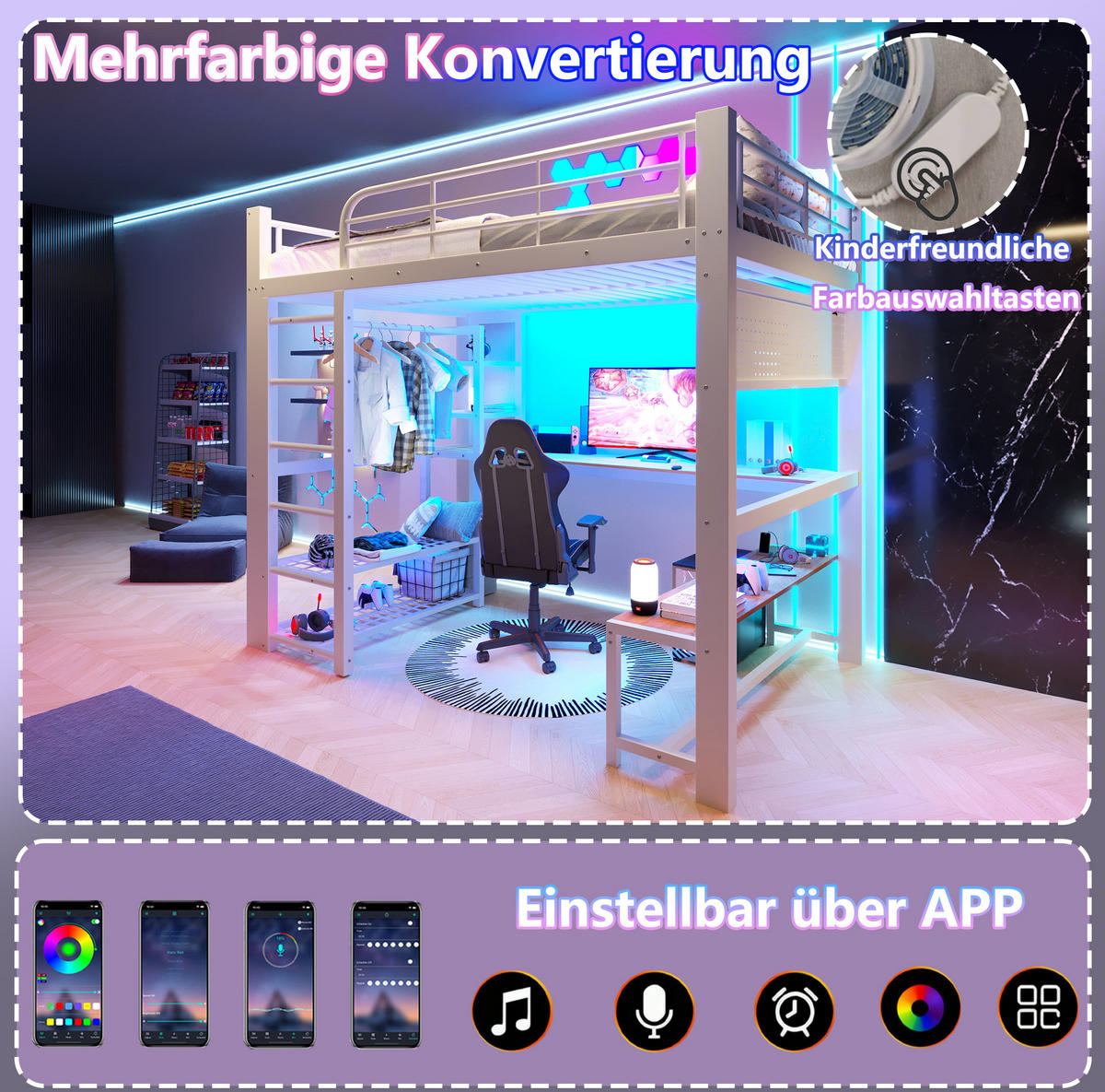 HOCHBETT 140/200 cm Weiß mit LED, Schreibtisch und Stauraum ohne Matratze - Weiß, Metall (140/200cm) - MIVRAY