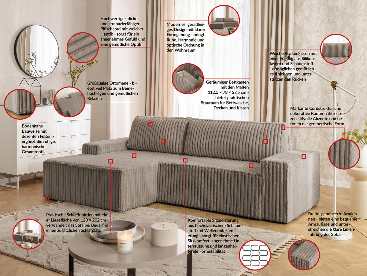 ECKSOFA Rivio mit Schlaffunktion und Bettkasten, Plüschcord Taupe - Taupe/Schwarz, Holz/Kunststoff (149/262cm) - S-Style
