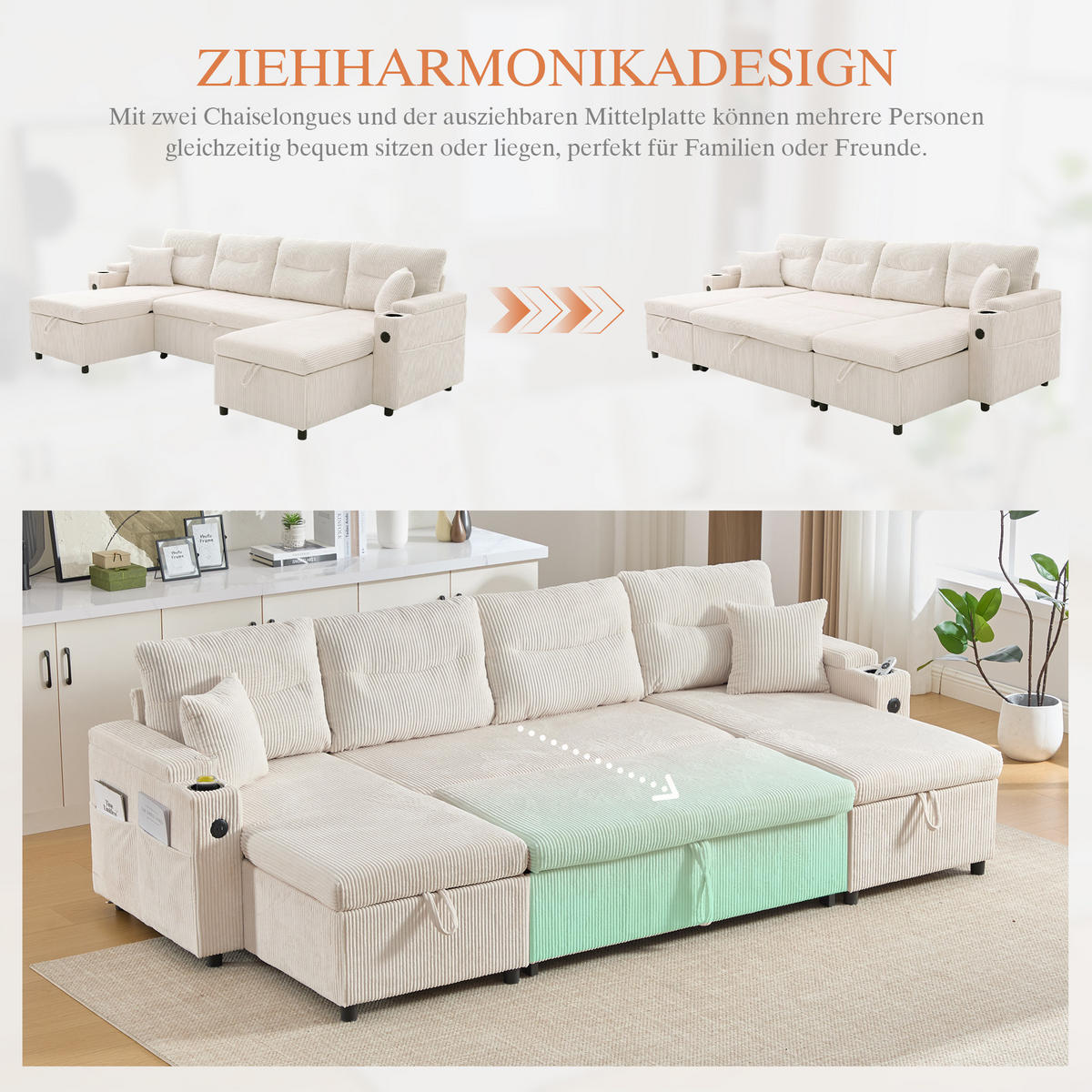 SCHLAFSOFA 4-Sitzer mit Chaiselongues, USB und Stauraum, Beige - Beige, Textil (272/86/136cm)