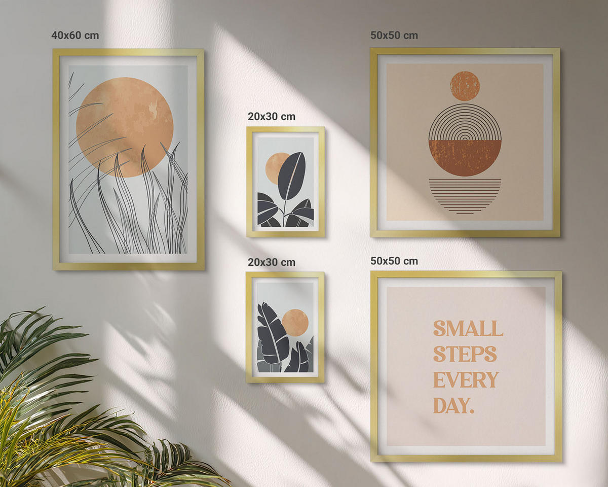 WANDBILDER 5er Set - 50x50 cm & 20x30 cm & 40x60 cm Goldrahmen - Waldnebel, Fluss, Gewächshauspflanzen - Goldfarben, Kunststoff (40/60cm) - ArtPrintCave