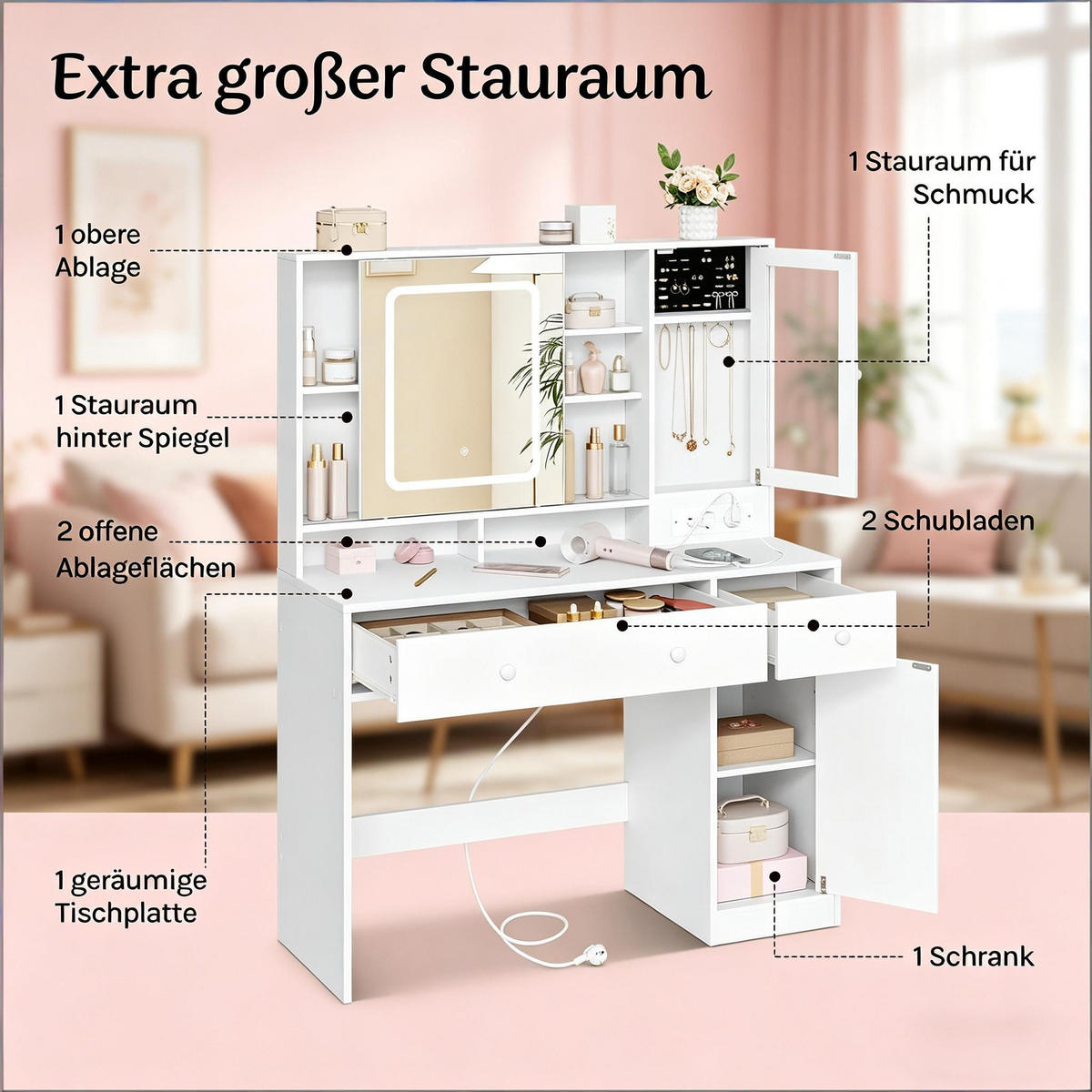 SCHMINKTISCH mit verstellbarem LED-Spiegel, Steckdosen, 108*40*139cm - Weiß, Glas (85/14/95cm) - Vallsero