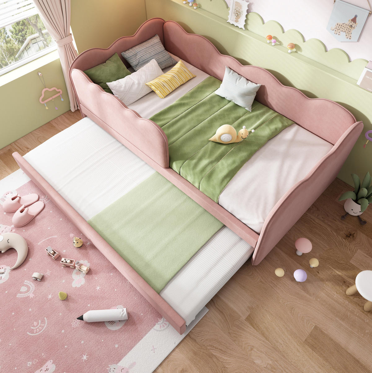 ČALÚNENÁ posteľ 90/190 cm ružová zo zamatu s výsuvným lôžkom - ružová, textil (90/190cm) - OKWISH