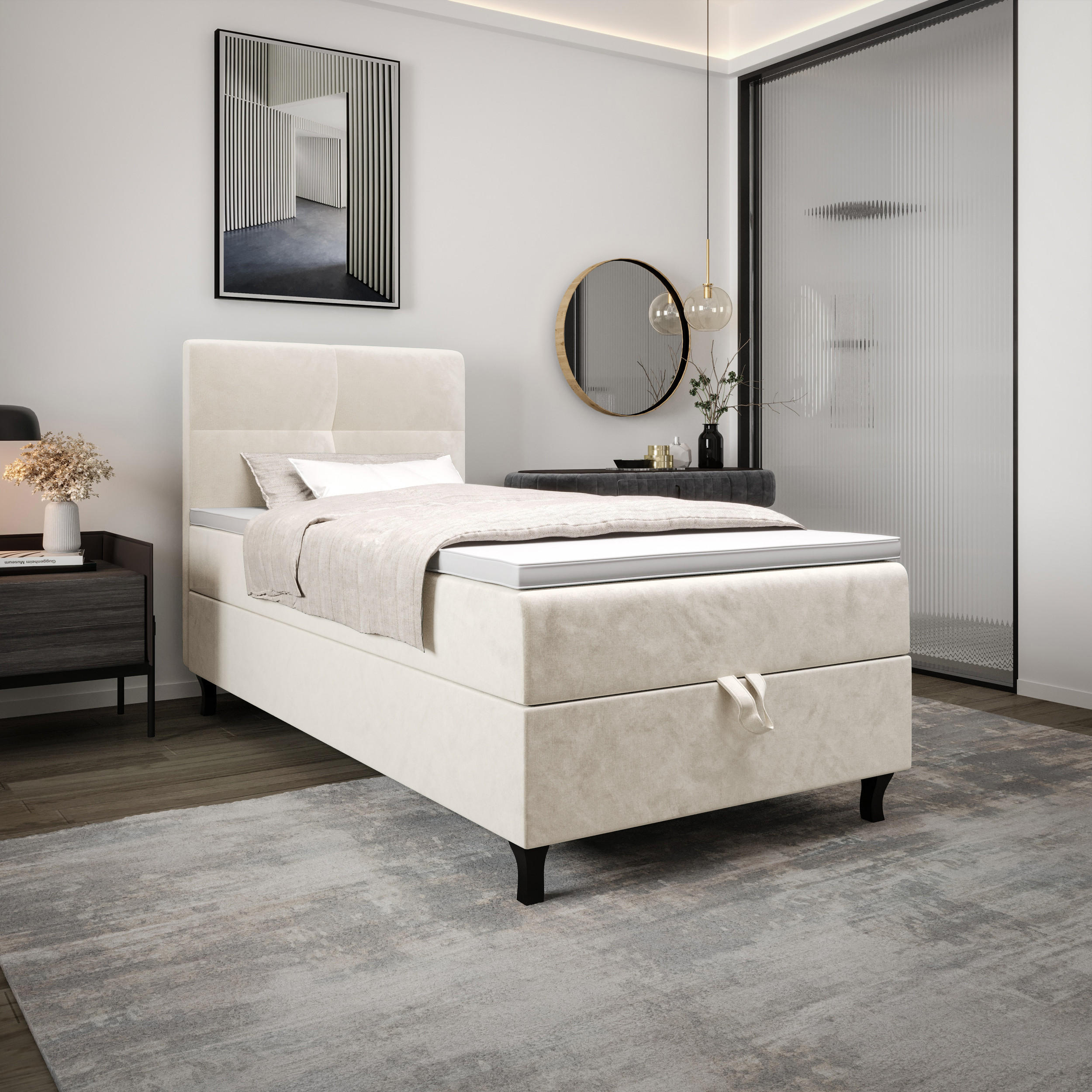 BOXBETT LIMBA mit Matratze H3 und Topper 100x200 Monolith 02 - Creme, Holz/Textil (100/200cm) - Bedante