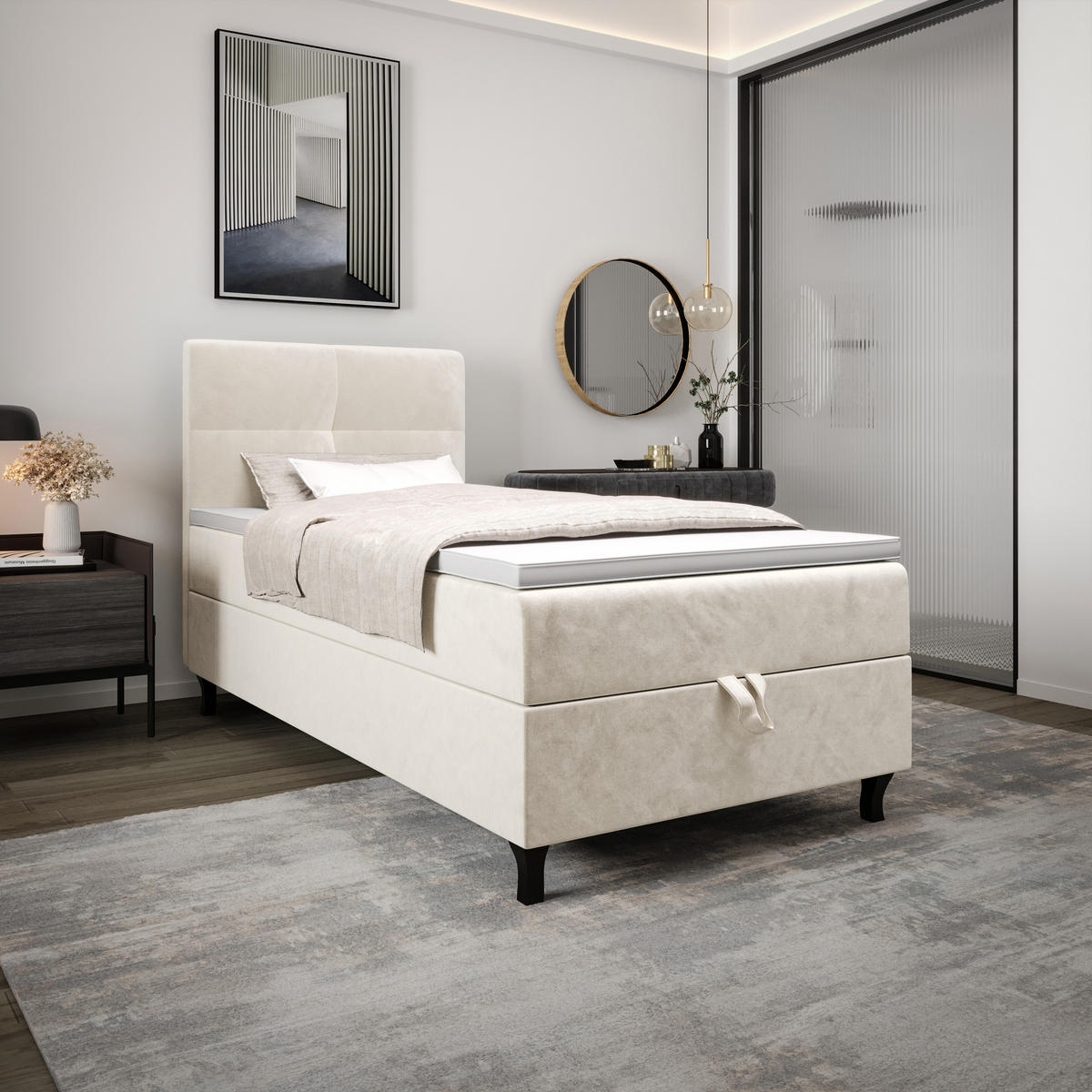 BOXBETT LIMBA mit Matratze H3 und Topper 100x200 Monolith 02 - Creme, Holz/Textil (100/200cm) - Bedante