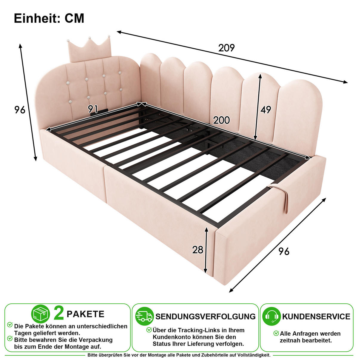 POLSTERBETT 90/200 cm in Rosa mit Bettkasten und Kronen-Design Samt - Rosa, Holzwerkstoff/Textil (90/200cm) - CHICFURN