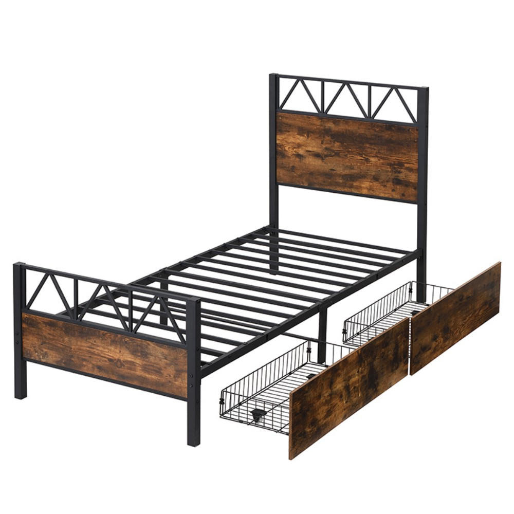 METALLBETT 90x200cm in Schwarz + Walnuss mit Zwei Schubladen - Walnussfarben, Metall (90/200cm) - KOMHTOM