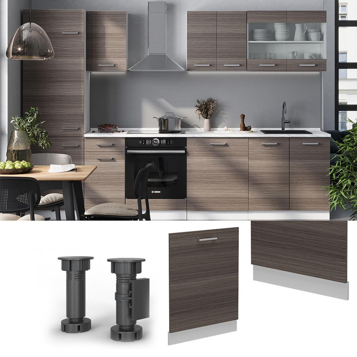 GESCHIRRSPÜLBLENDE R-Line Edelgrau 60 cm ohne Arbeitsplatte - Weiß/Braun, Holzwerkstoff (60/81.8/1.6cm) - Vicco