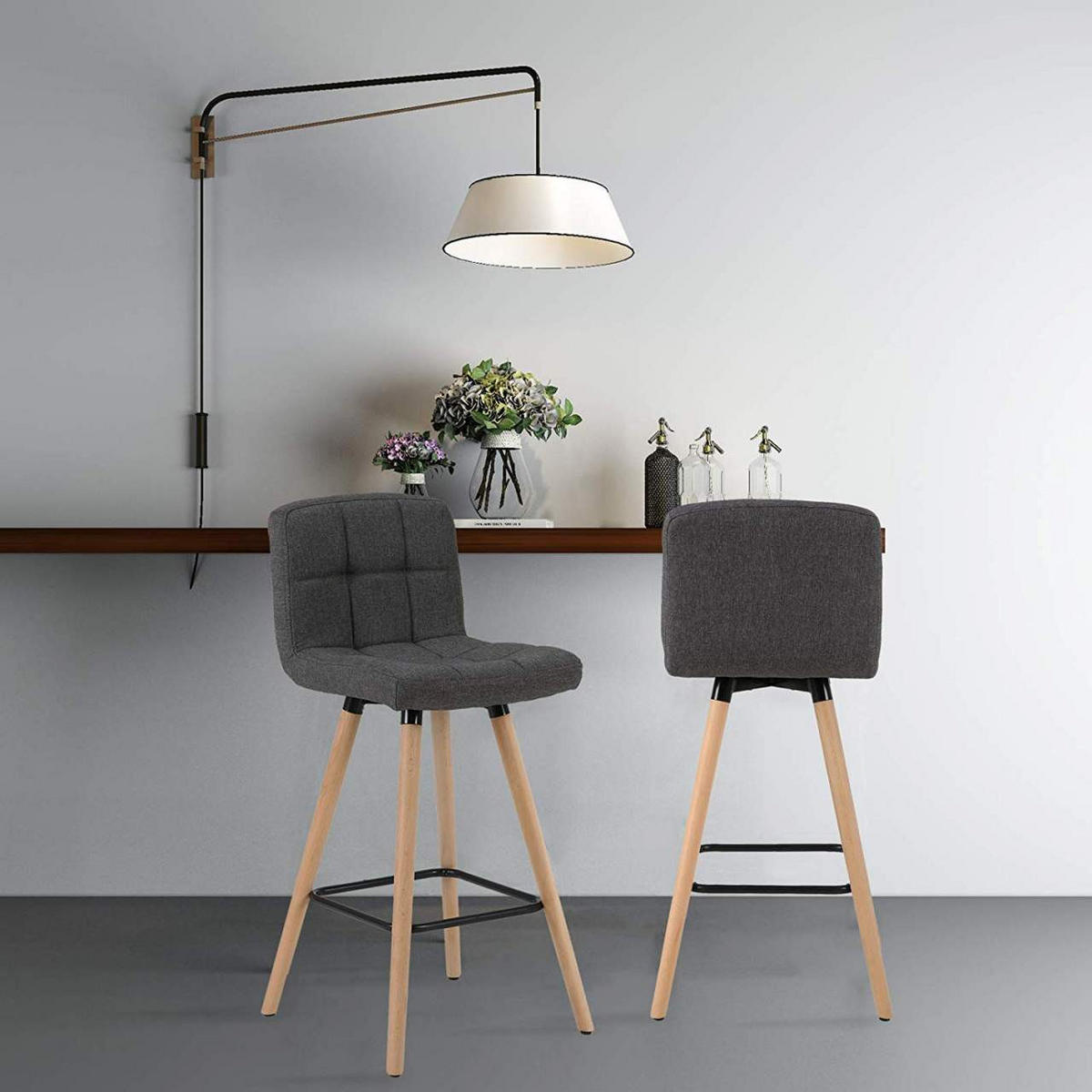 BARHOCKER 2er Set, Massivholz, Leinen, Dunkelgrau - Dunkelgrau/Naturfarben, Holz/Textil (46/96/46cm) - Woltu