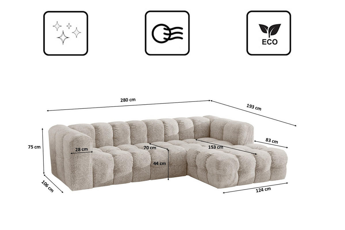 ECKSOFA L-form BALOO L, Chenille-Stoff Arena, Ecru, Rechts - Ecru, Holz (280/193cm) - Kaiser Möbel