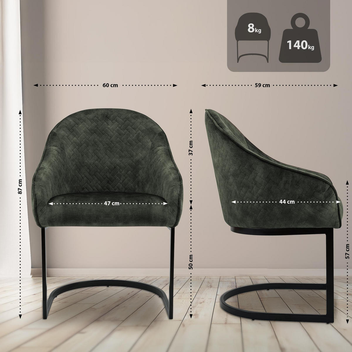 ESSZIMMERSTUHL Samt Dunkelgrün - Dunkelgrün/Schwarz, Textil/Metall (60/87/59cm) - CLP