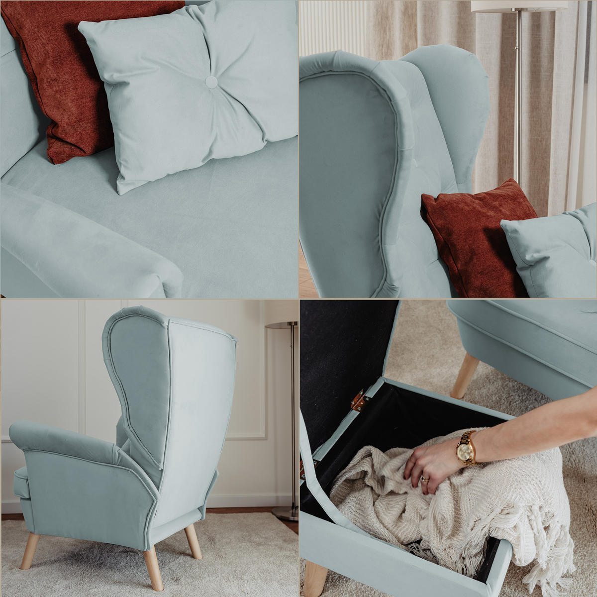 SESSEL mit Fußhocker Classic - Blau, Holz (92/107/80cm) - Idohome
