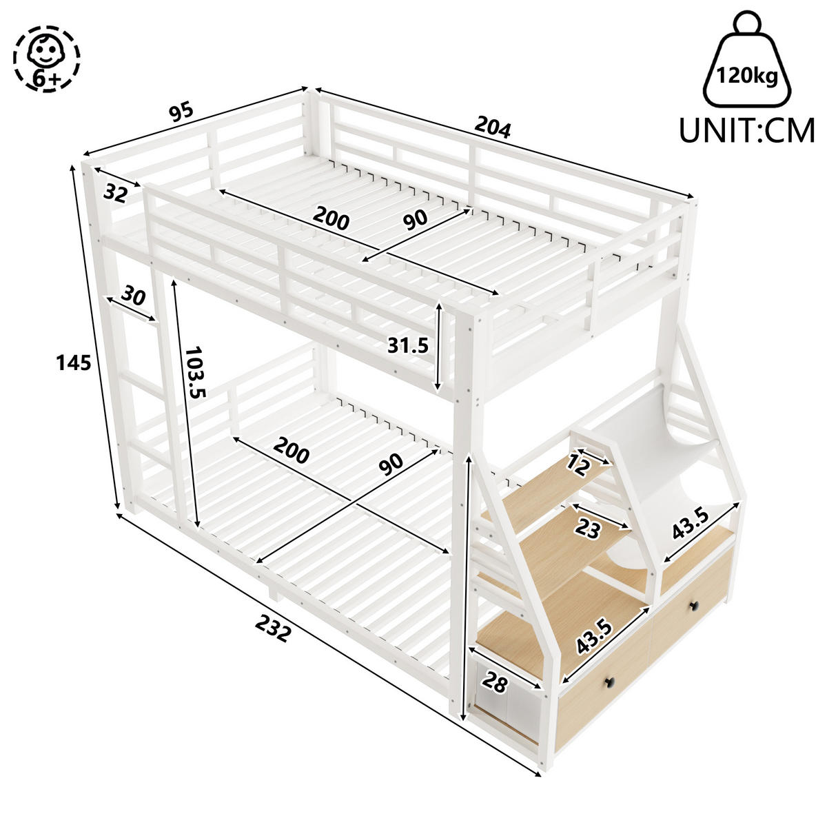 ETAGENBETT 90x200cm mit LED-Beleuchtung, mit 2 Stoffschubladen, Weiß - Weiß, Metall (90/200cm) - KOMHTOM