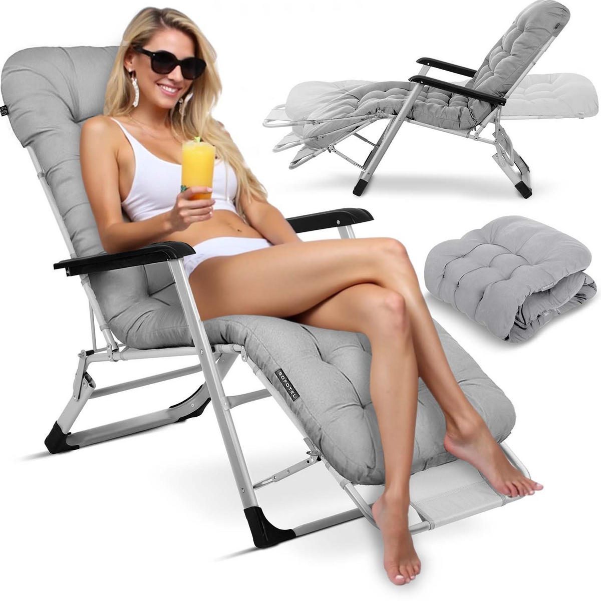 GARTEN-RELAXSESSEL Klappbarer mit Kissen, Grau - Grau, Metall (60/102/110cm)