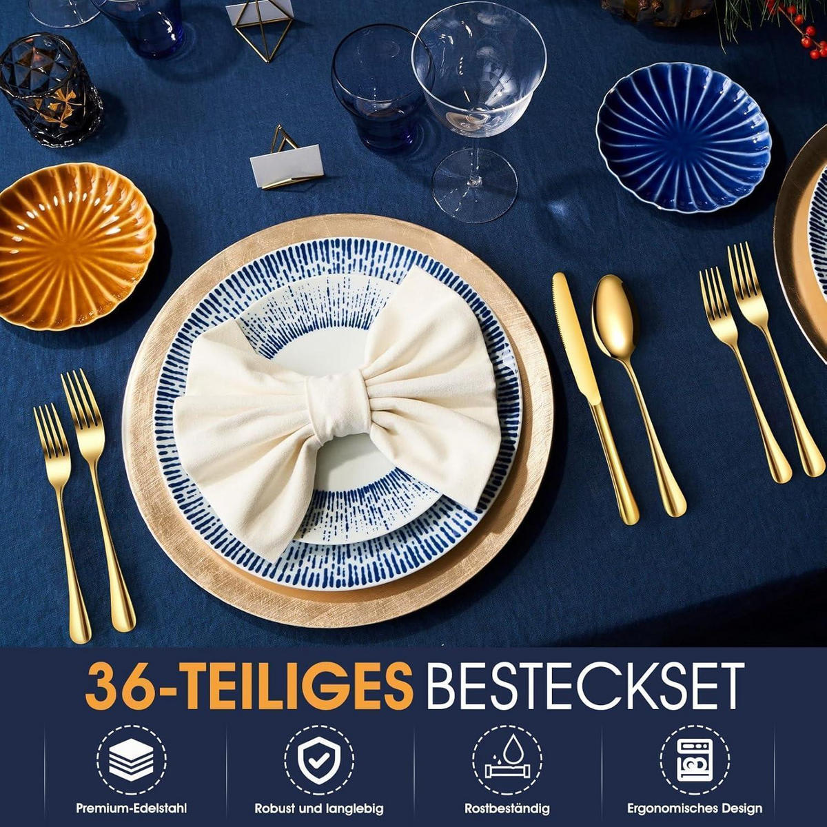 BESTECKSET 36-teilig Gold Edelstahl für 6 Personen - Goldfarben, Metall