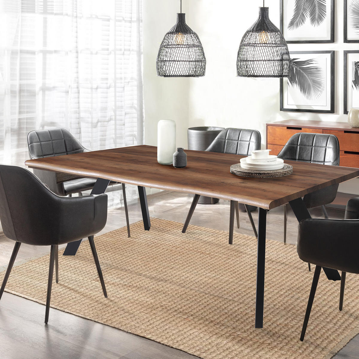 ESSTISCH HELGA / 180x90cm - 8 Personen - Eiche Dekor und schwarze Metallbeine - Eichefarben, Holzwerkstoff (180/90/75.5cm) - Weber Industries