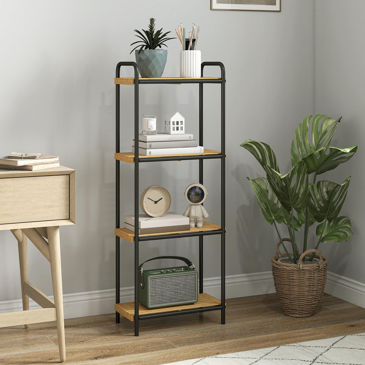 BADEZIMMERREGAL DE-17341 4 Ebenen, schmal aus Bambus & Stahl Natur - Schwarz, Naturmaterialien (21.5/106/41.5cm) - ComfortXL
