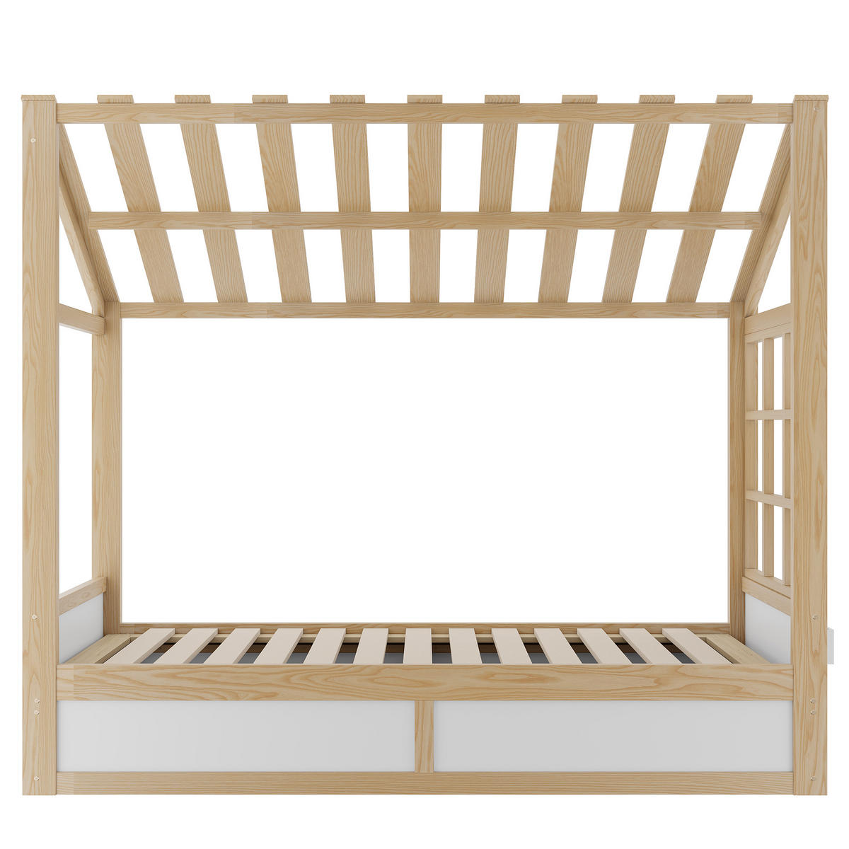 HAUSBETT 90/200 cm mit Dach und Stauraum, DE-41620, in Holzfarbe/Weiß - Naturfarben, Holzwerkstoff (90/200cm) - ComfortXL