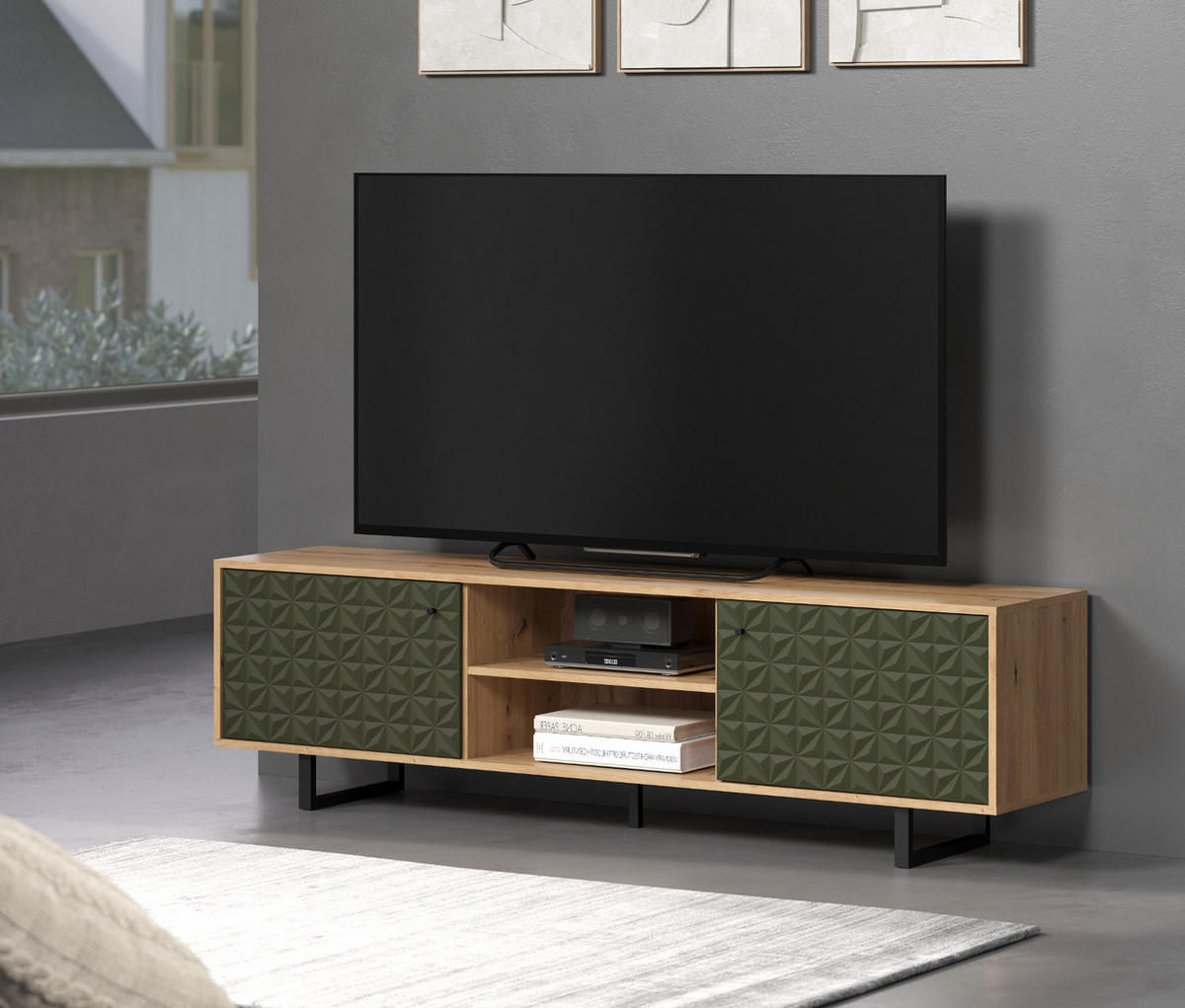 TV-LOWBOARD grün matt mit 3D Struktur, Eiche Artisan 184 cm, TV-Unterteil mit Soft-Close - Schwarz/Eiche Artisan, Holzwerkstoff/Kunststoff (184/52/40cm) - Top.Furn