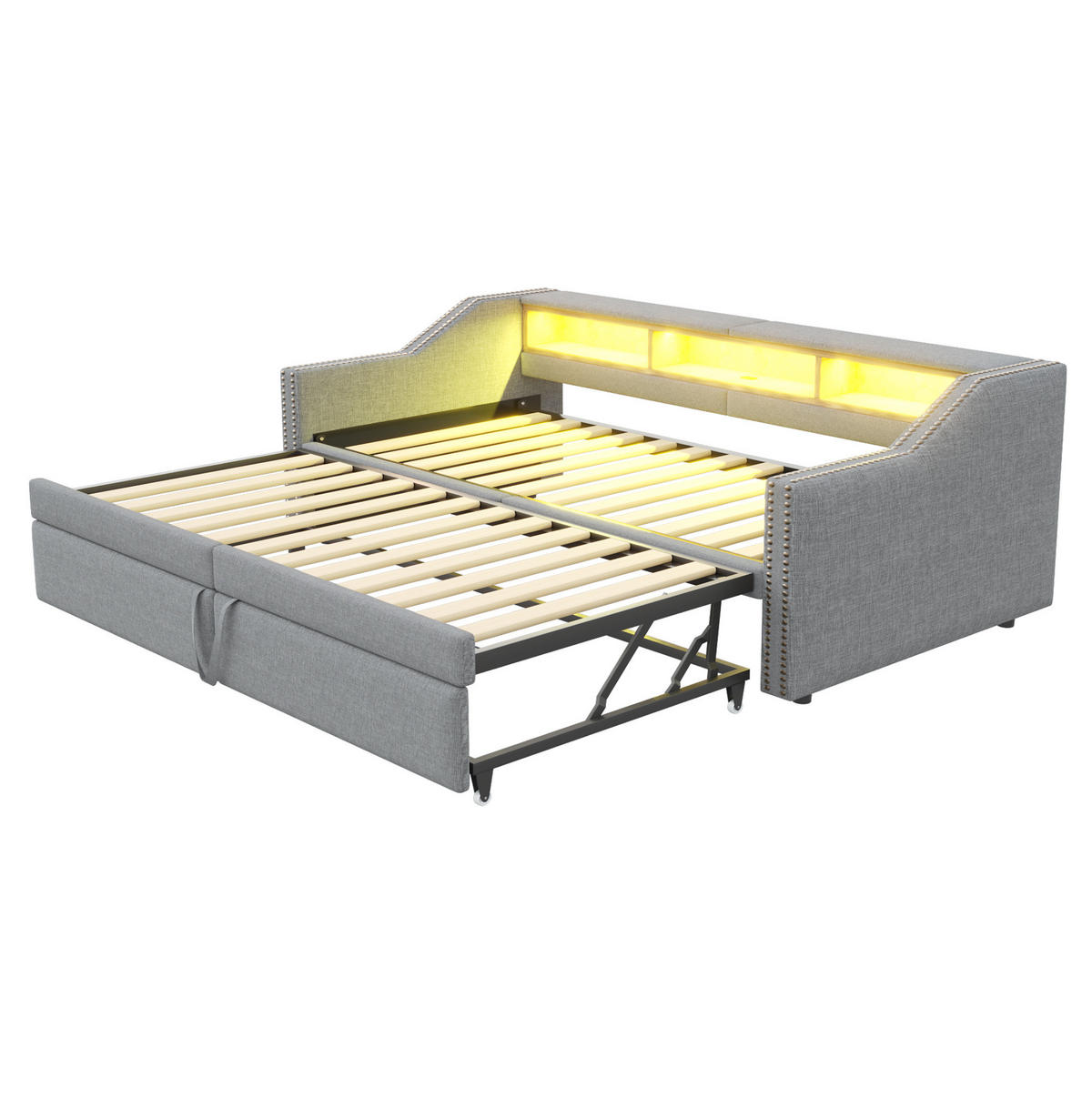 POLSTERBETT Ausziehbares Schlafsofa 90/200 cm mit LED-Licht und USB-Anschluss - Hellgrau, Textil (90/200cm) - OKWISH