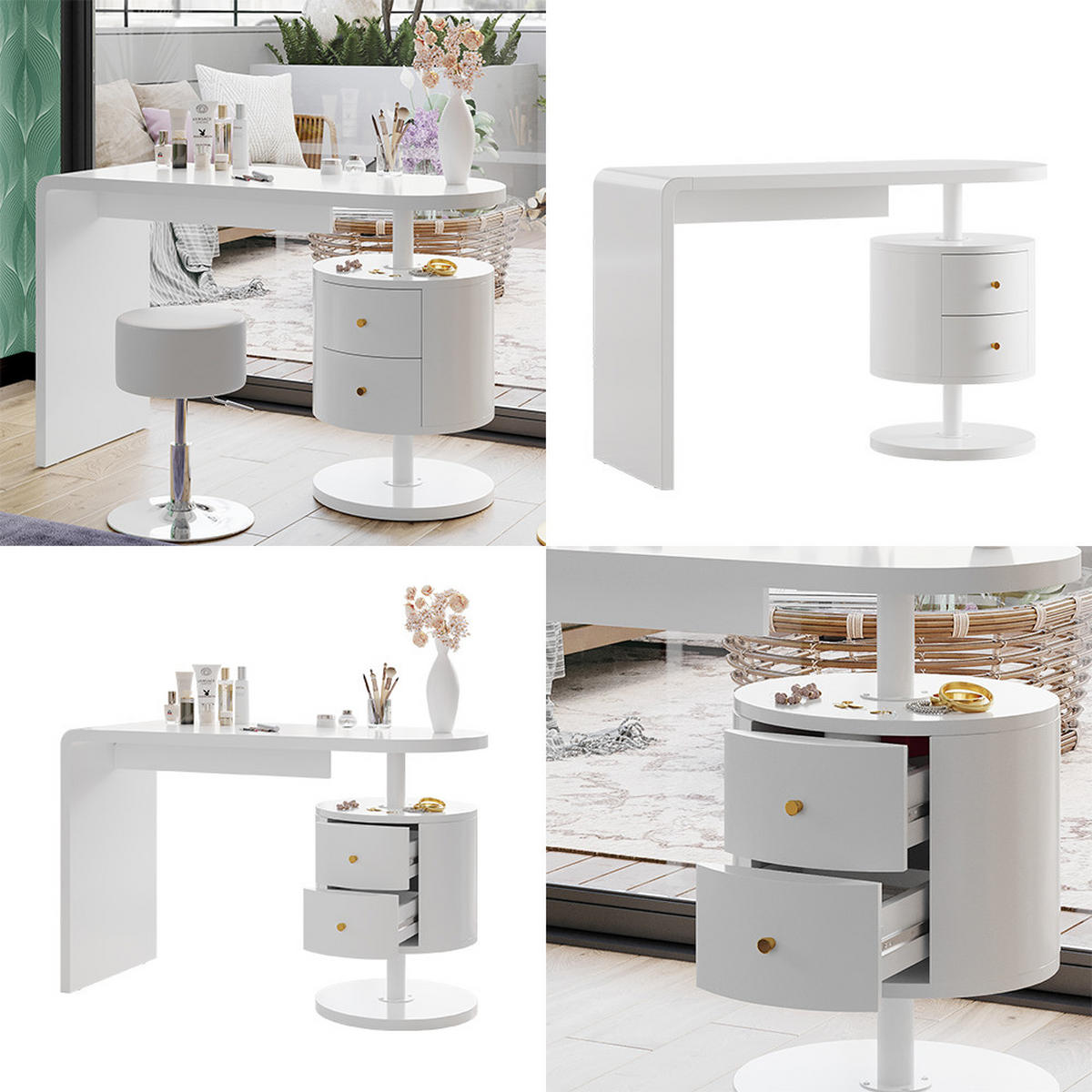 SCHMINKTISCH Lara Weiß 120 cm mit Hocker - Weiß, Holzwerkstoff (50/120/76cm) - Vicco