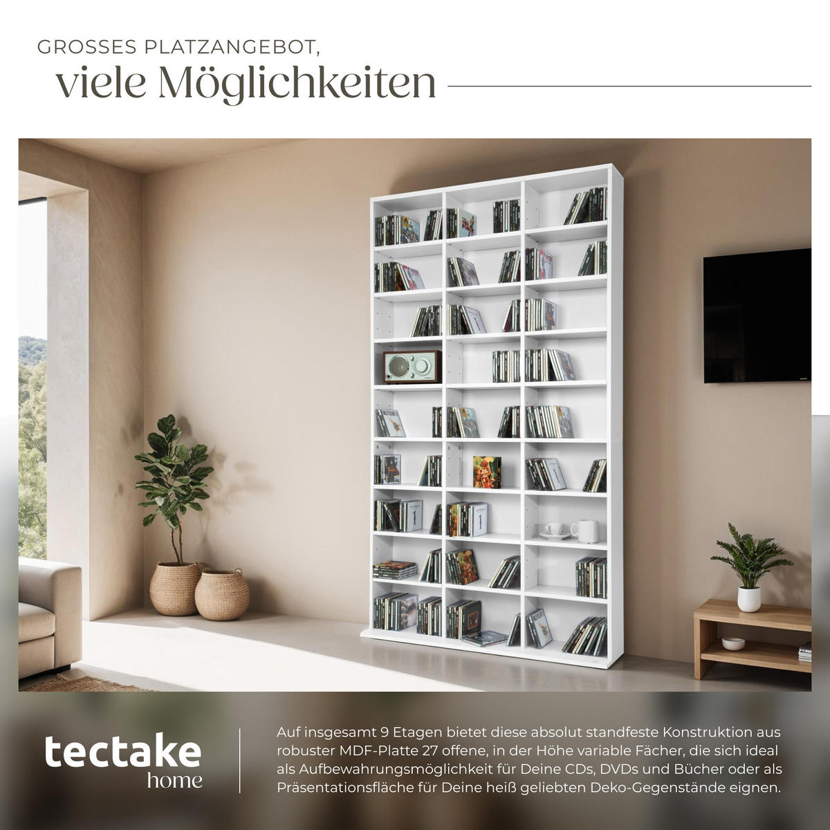 CD/DVD Regal Christel,180 x 102 x 23,5 cm,weiß - Weiß, Holz (23.5/180/102cm) - tectake