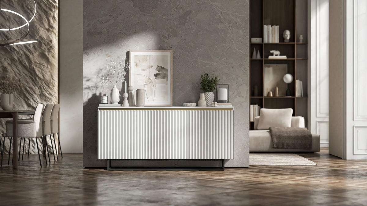 SIDEBOARD Selene 3D Weiß Matt mit metallrahmen Glamour 167 cm - Schwarz/Weiß, Holzwerkstoff/Metall (167/79/35cm) - Meble Lindner